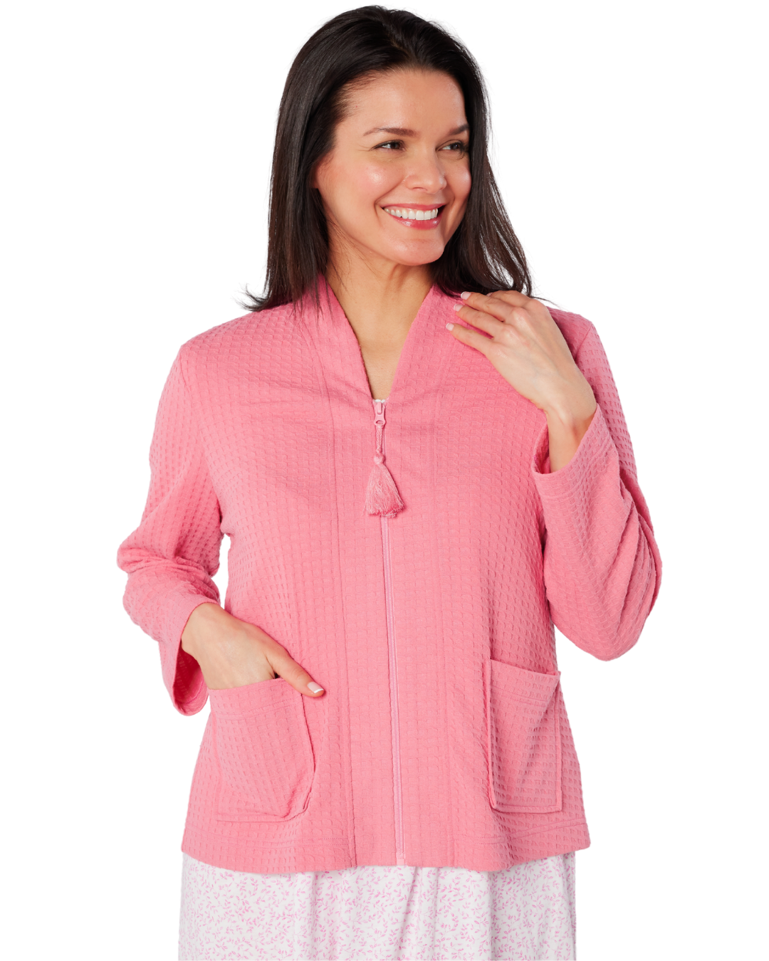Women's Waffle Lightweight Long Sleeve Zip Bedjacket with Front Pockets