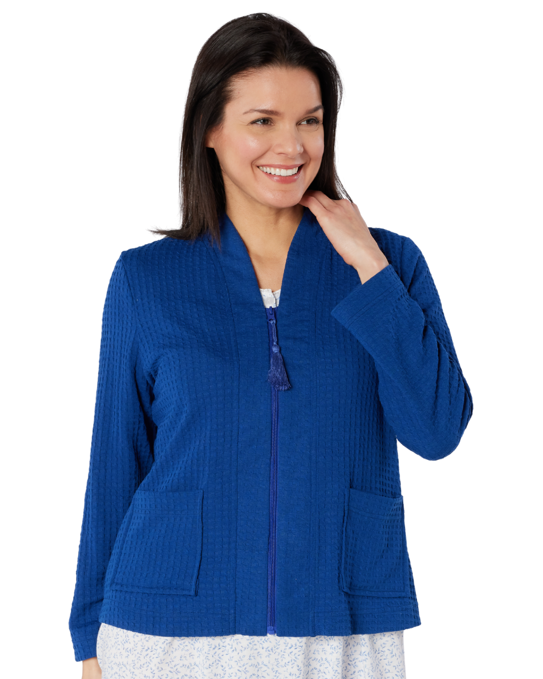 Women's Waffle Lightweight Long Sleeve Zip Bedjacket with Front Pockets