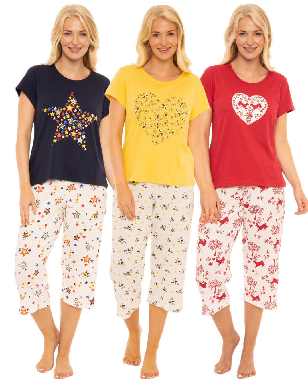 Women's Rainbow Star 100% Cotton Short Sleeved Cropped Leg Pyjamas