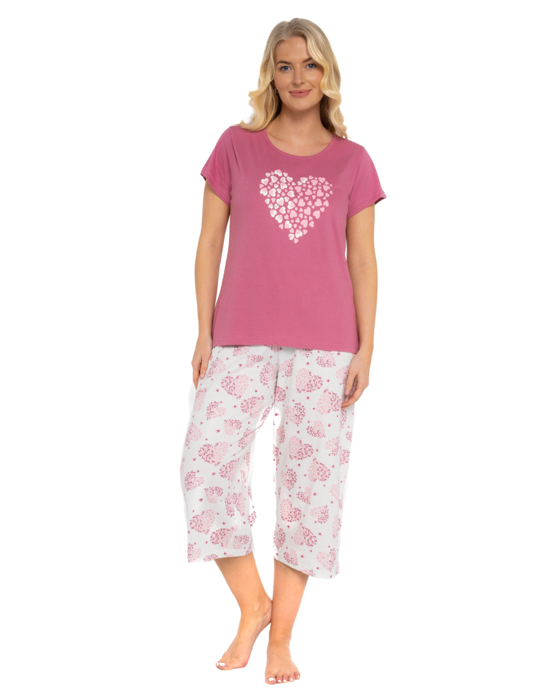 Raspberry Heart 100% Cotton Short Sleeved Crop Leg Pyjamas