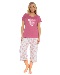 Women's Raspberry Heart 100% Cotton Short Sleeved Crop Leg Pyjamas