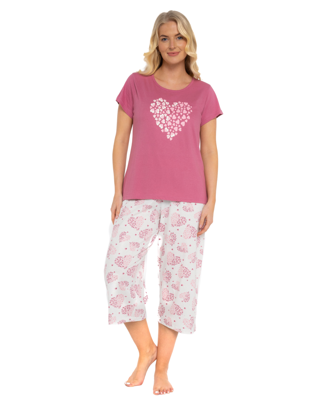 Women's Raspberry Heart 100% Cotton Short Sleeved Crop Leg Pyjamas