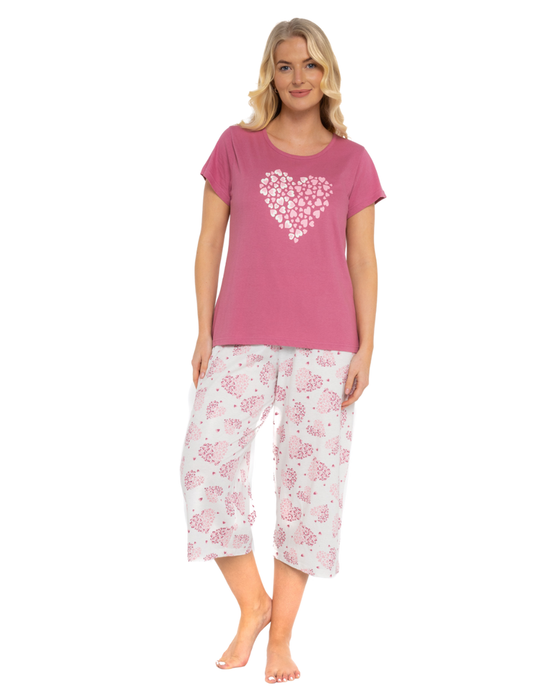Women's Raspberry Heart 100% Cotton Short Sleeved Crop Leg Pyjamas
