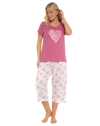 Women's Raspberry Heart 100% Cotton Short Sleeved Crop Leg Pyjamas