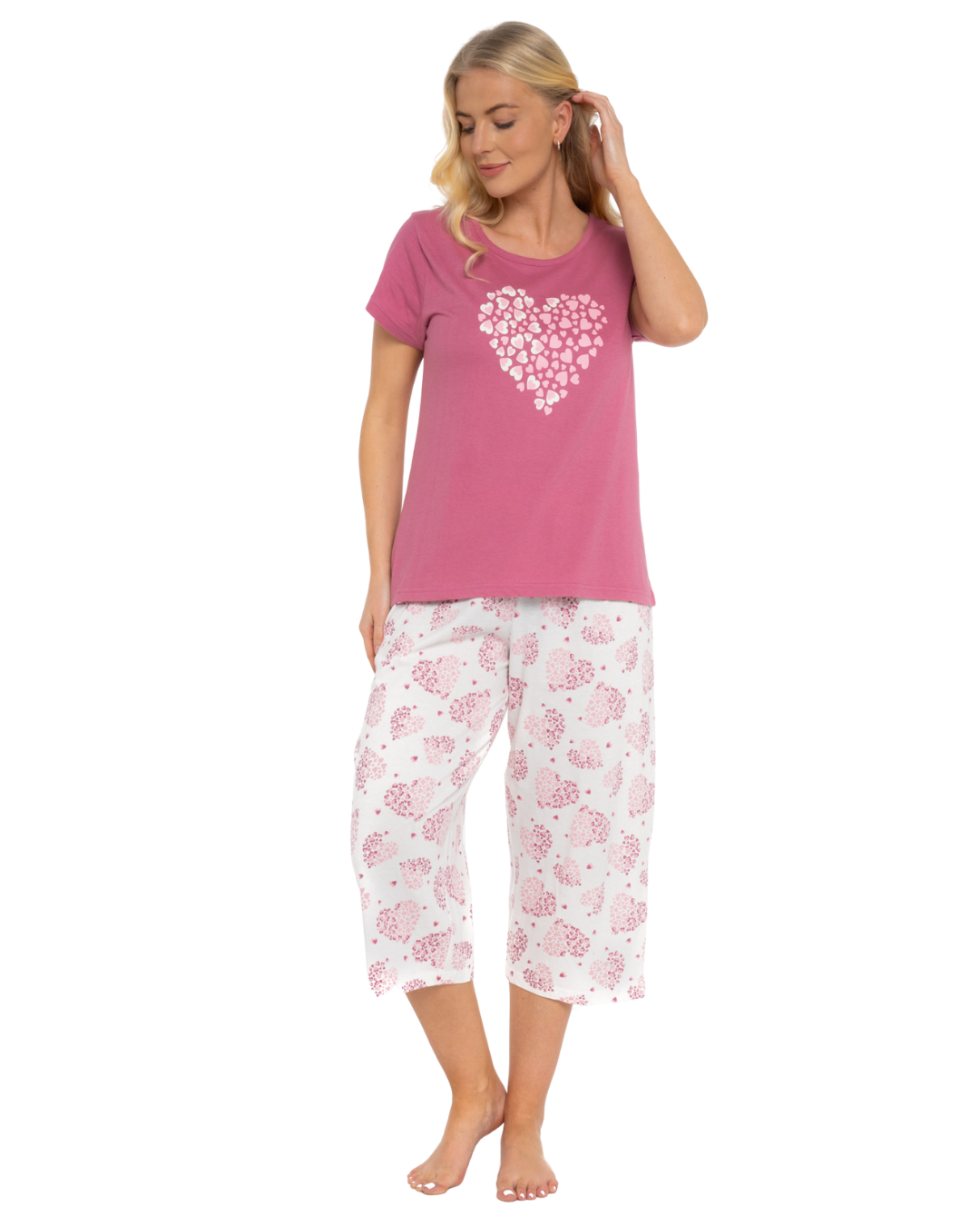 Women's Raspberry Heart 100% Cotton Short Sleeved Crop Leg Pyjamas