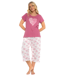 Women's Raspberry Heart 100% Cotton Short Sleeved Crop Leg Pyjamas