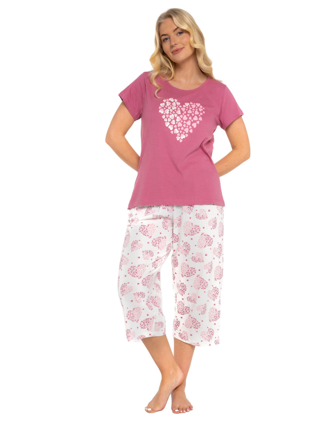 Women's Raspberry Heart 100% Cotton Short Sleeved Crop Leg Pyjamas