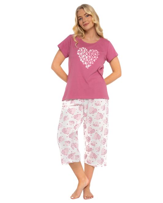 Raspberry Heart 100% Cotton Short Sleeved Crop Leg Pyjamas