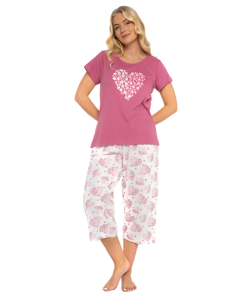 Women's Raspberry Heart 100% Cotton Short Sleeved Crop Leg Pyjamas