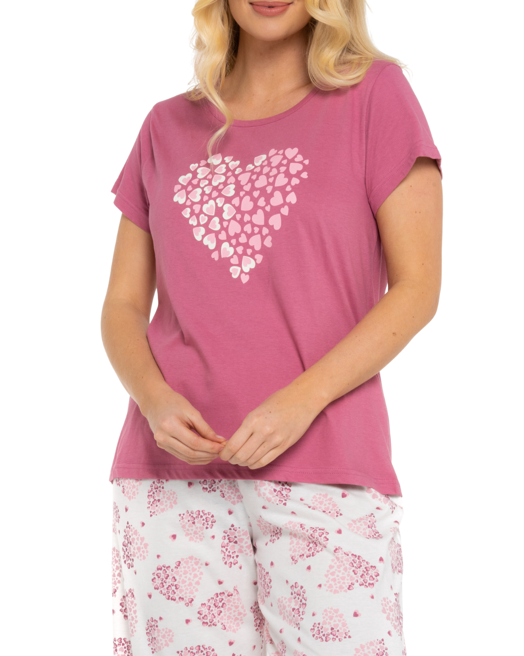 Women's Raspberry Heart 100% Cotton Short Sleeved Crop Leg Pyjamas