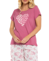 Women's Raspberry Heart 100% Cotton Short Sleeved Crop Leg Pyjamas