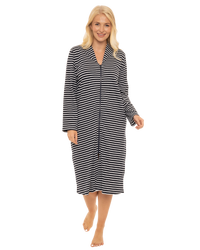 Women's 100% Cotton Lightweight Stripe Zip Dressing Gown with Side Pockets
