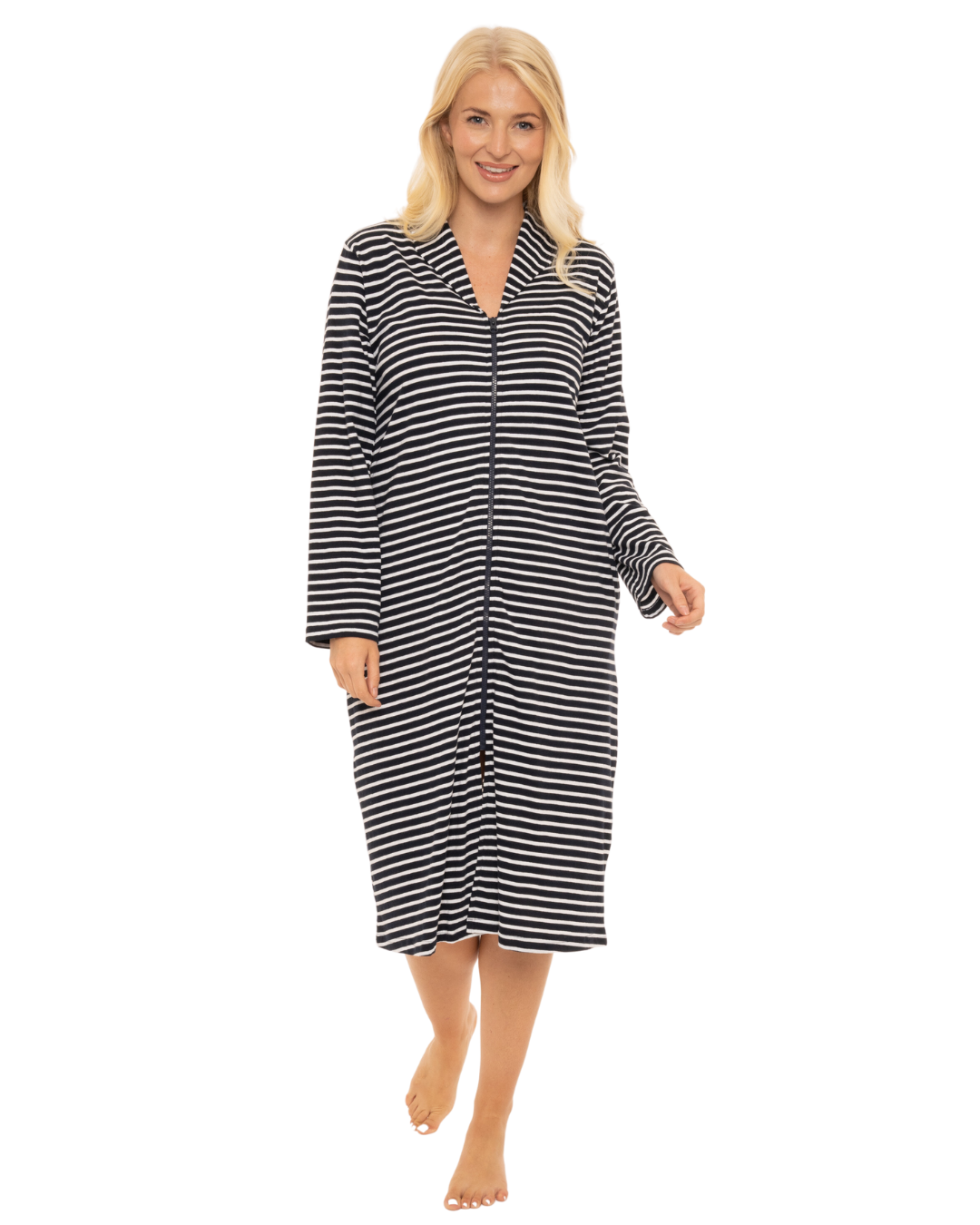 Women's 100% Cotton Lightweight Stripe Zip Dressing Gown with Side Pockets