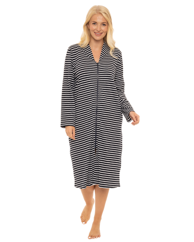 Women's 100% Cotton Lightweight Stripe Zip Dressing Gown with Side Pockets