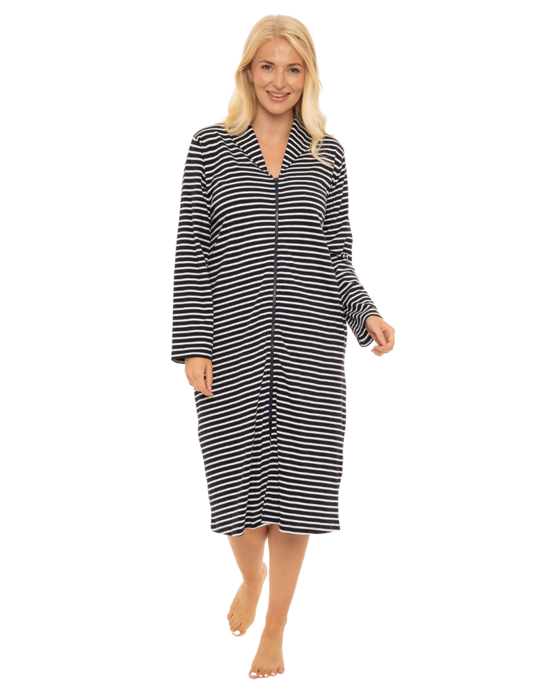 Women's 100% Cotton Lightweight Stripe Zip Dressing Gown with Side Pockets