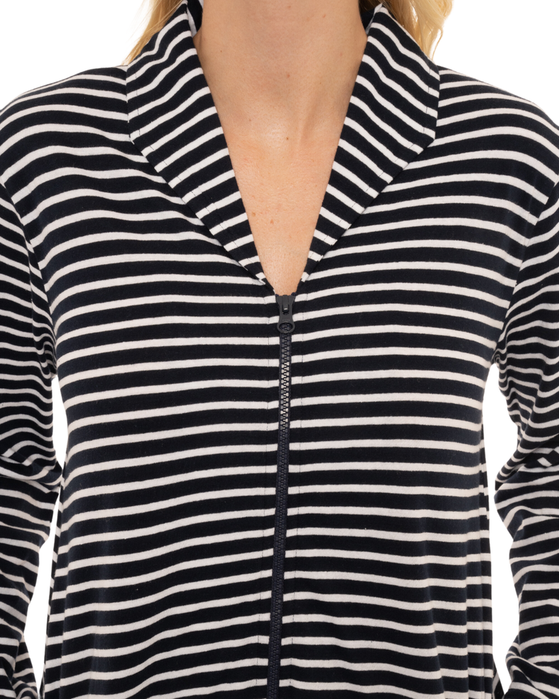 Women's 100% Cotton Lightweight Stripe Zip Dressing Gown with Side Pockets