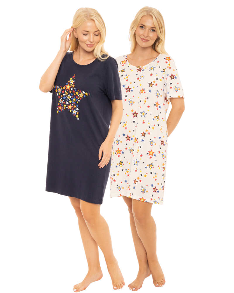 Women's 100% Cotton Pack of 2 Rainbow Star Nightshirts