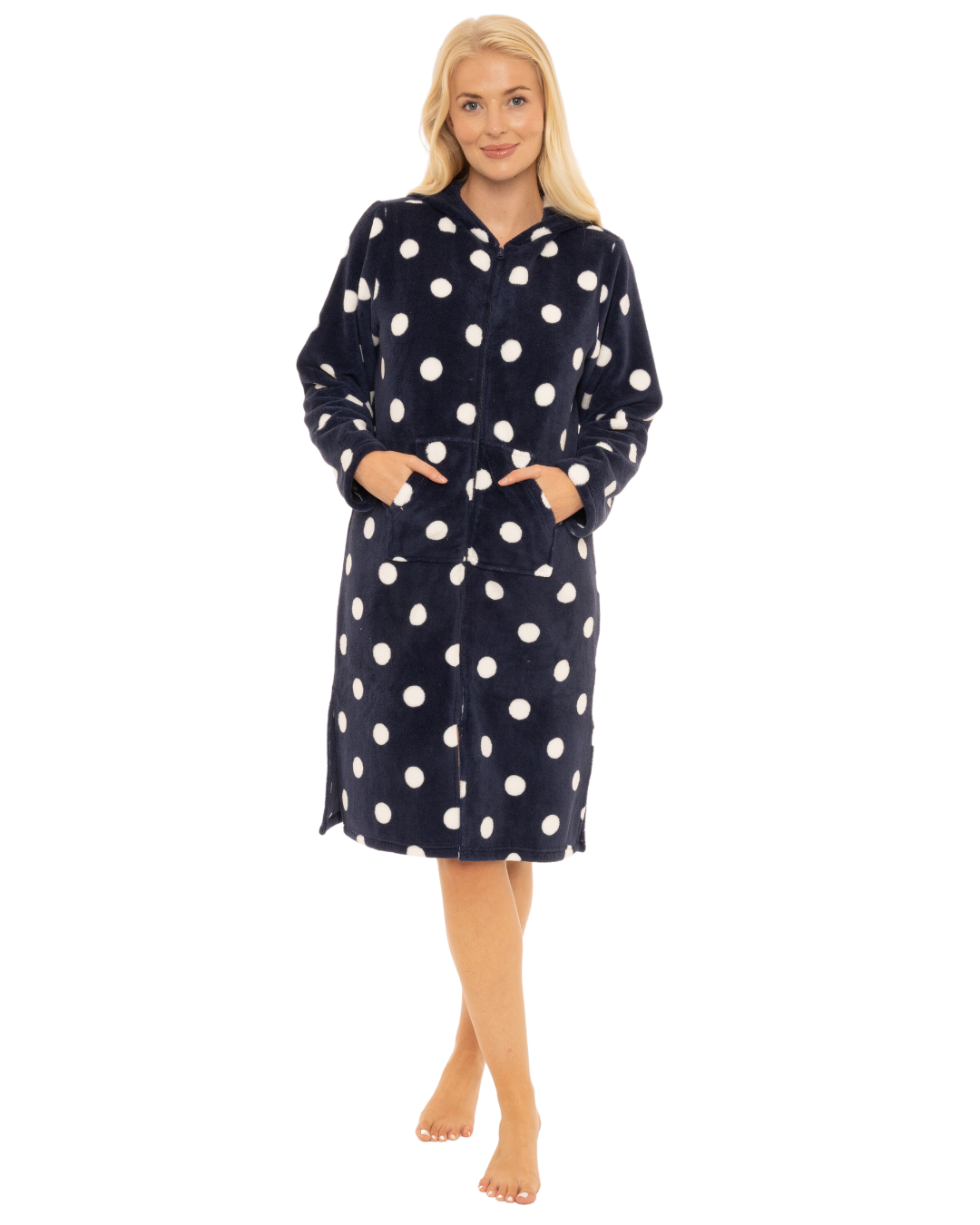 Women's Spot Fleece Full Zip Hooded Lounger Dressing Gown