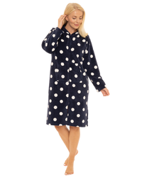 Women's Spot Fleece Full Zip Hooded Lounger Dressing Gown