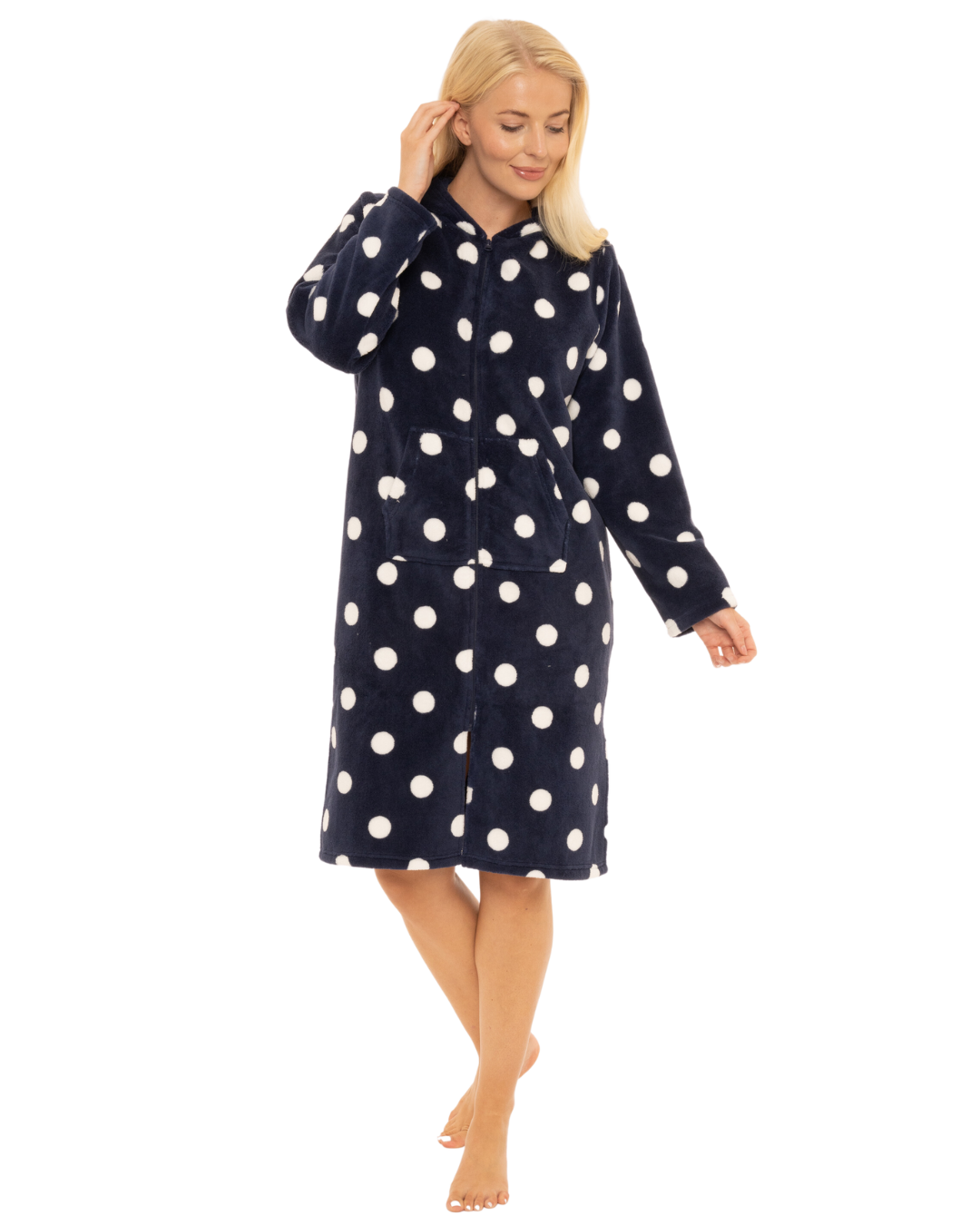 Women's Spot Fleece Full Zip Hooded Lounger Dressing Gown
