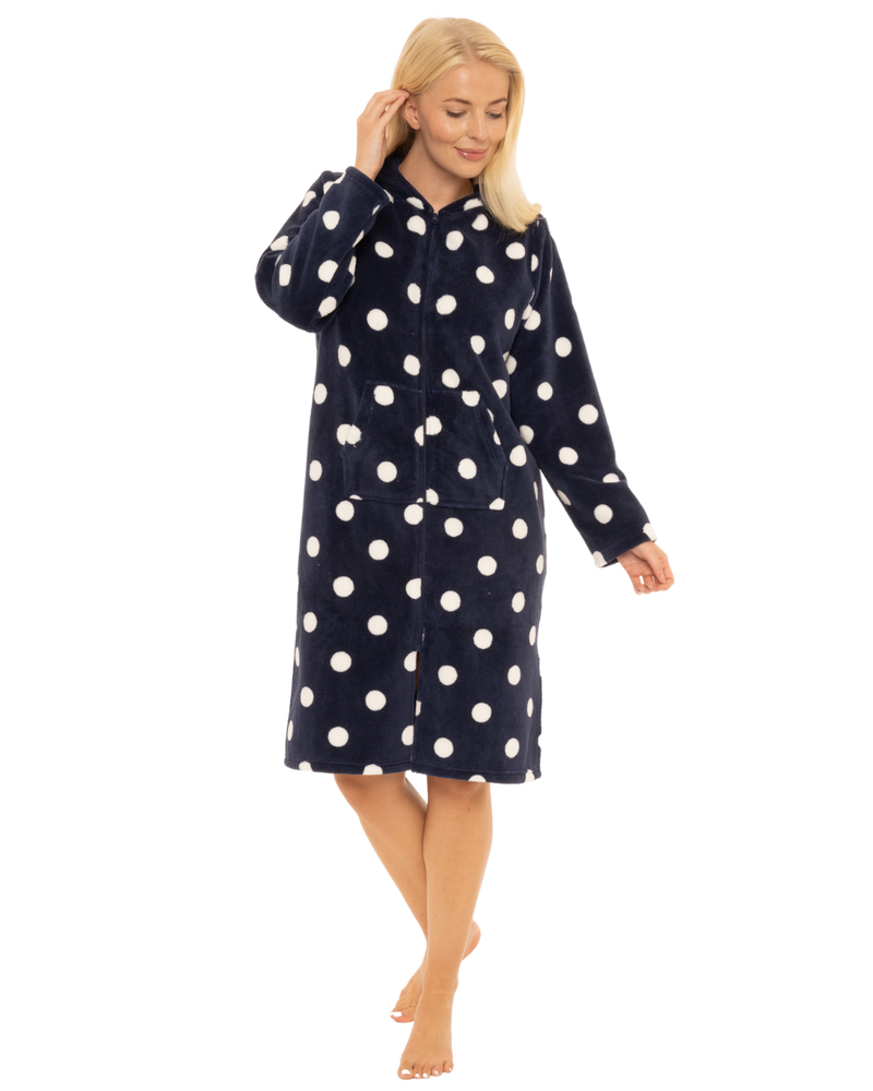 Women's Spot Fleece Full Zip Hooded Lounger Dressing Gown