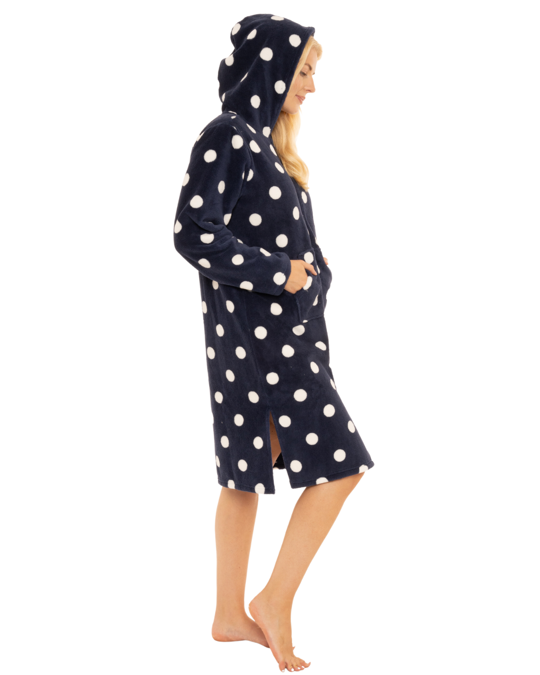 Women's Spot Fleece Full Zip Hooded Lounger Dressing Gown