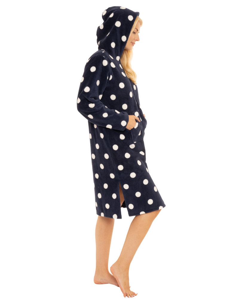 Women's Spot Fleece Full Zip Hooded Lounger Dressing Gown