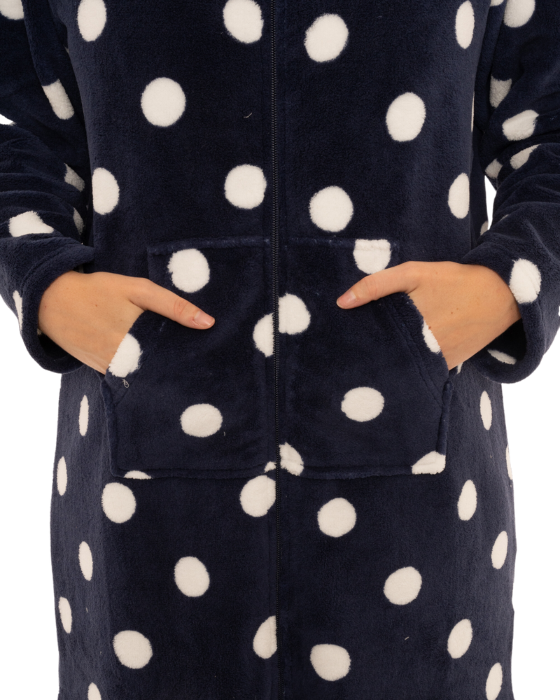Women's Spot Fleece Full Zip Hooded Lounger Dressing Gown