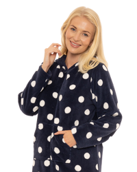 Women's Spot Fleece Full Zip Hooded Lounger Dressing Gown