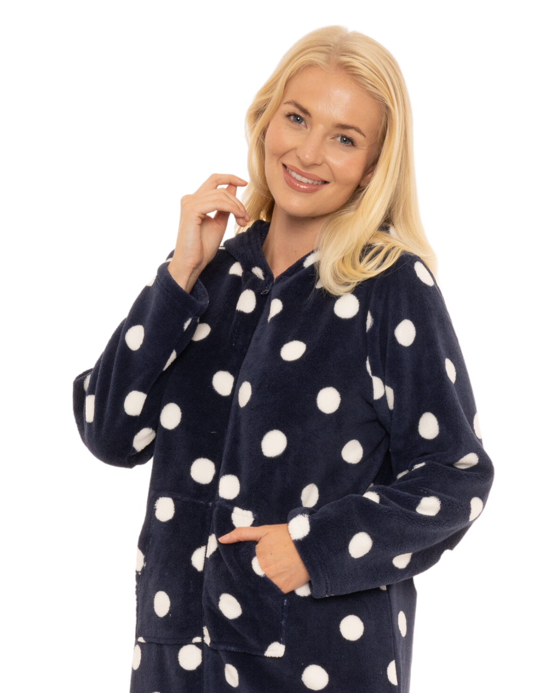 Women's Spot Fleece Full Zip Hooded Lounger Dressing Gown