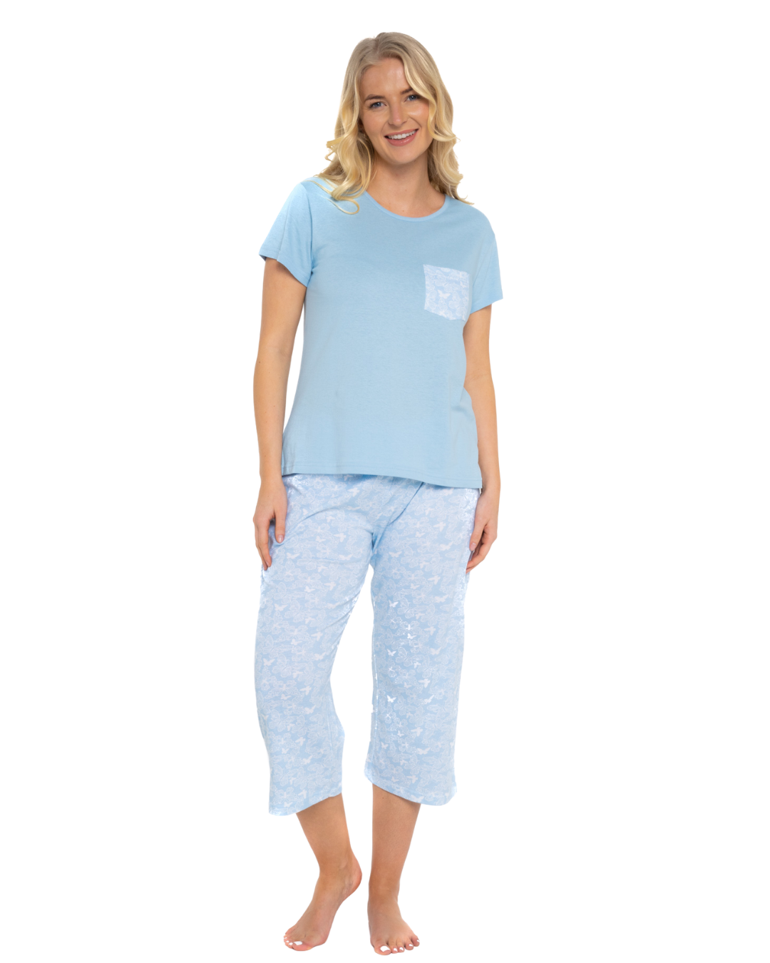 Women's Soft Blue Lace Butterfly 100% Cotton Short Sleeved Cropped Leg Pyjamas