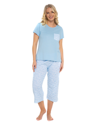 Women's Soft Blue Lace Butterfly 100% Cotton Short Sleeved Cropped Leg Pyjamas