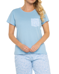 Women's Soft Blue Lace Butterfly 100% Cotton Short Sleeved Cropped Leg Pyjamas