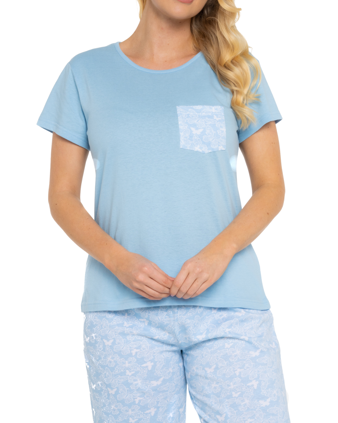 Women's Soft Blue Lace Butterfly 100% Cotton Short Sleeved Cropped Leg Pyjamas