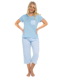 Women's Soft Blue Lace Butterfly 100% Cotton Short Sleeved Cropped Leg Pyjamas