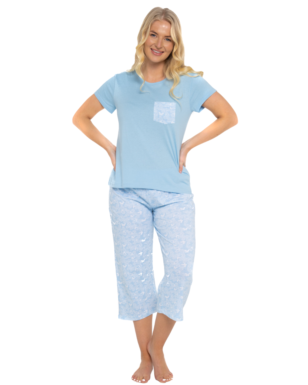 Women's Soft Blue Lace Butterfly 100% Cotton Short Sleeved Cropped Leg Pyjamas