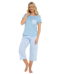 Women's Soft Blue Lace Butterfly 100% Cotton Short Sleeved Cropped Leg Pyjamas