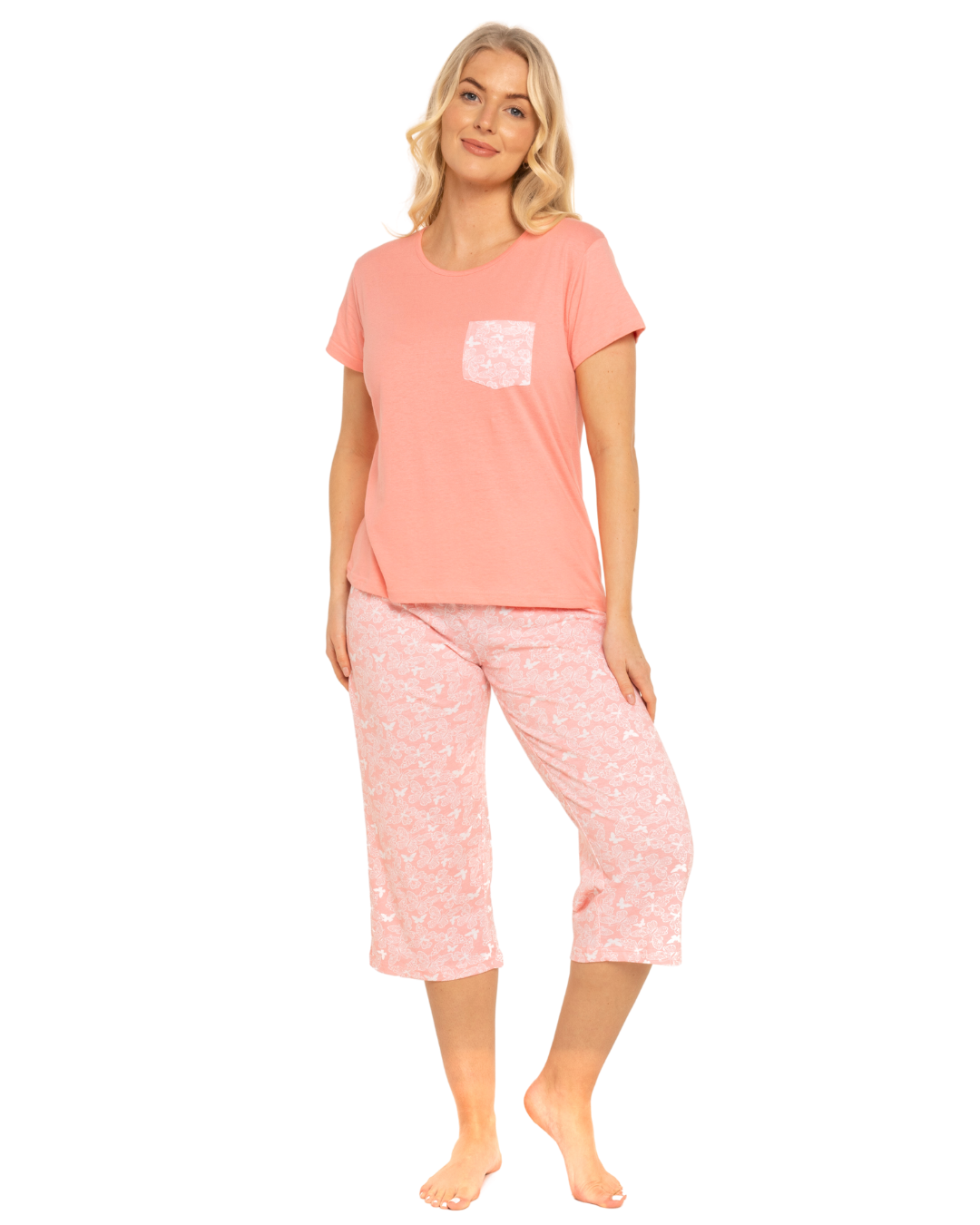 Women's Coral Lace Butterfly 100% Cotton Short Sleeved Cropped Leg Pyjamas