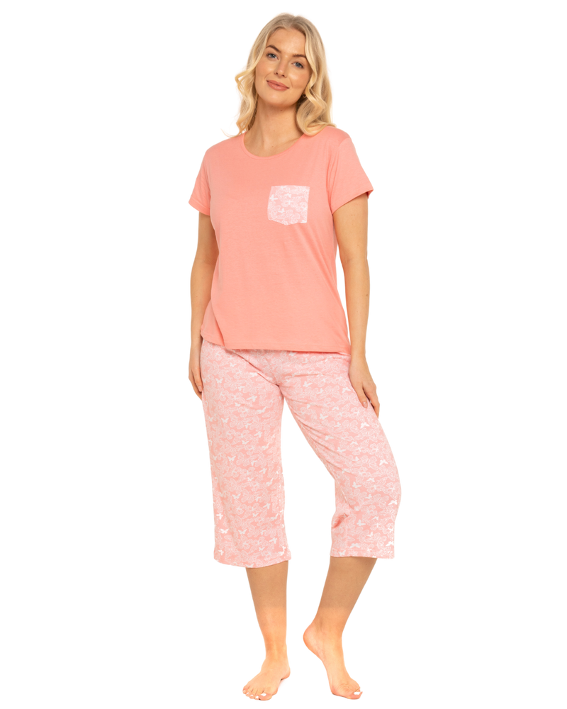 Women's Coral Lace Butterfly 100% Cotton Short Sleeved Cropped Leg Pyjamas