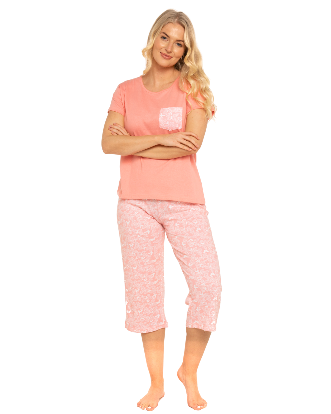 Women's Coral Lace Butterfly 100% Cotton Short Sleeved Cropped Leg Pyjamas