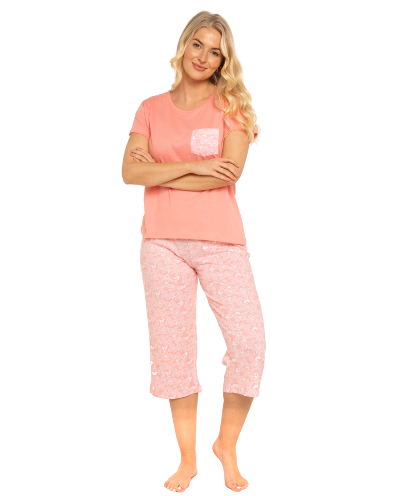Women's Coral Lace Butterfly 100% Cotton Short Sleeved Cropped Leg Pyjamas