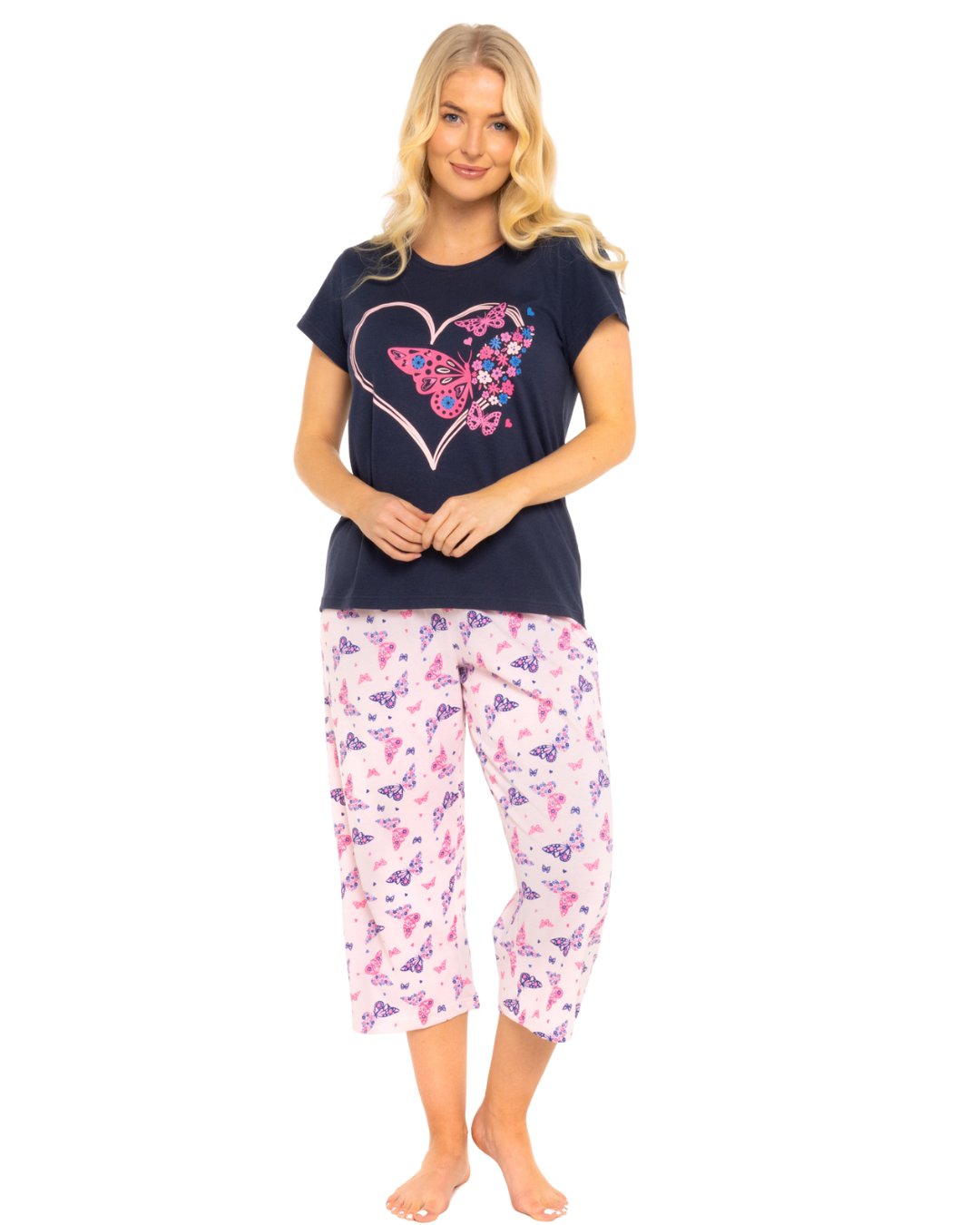 Navy Summer Heart 100% Cotton Short Sleeved Cropped Leg Pyjamas