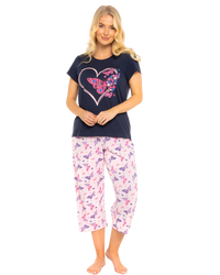 Navy Summer Heart Women's 100% Cotton Short Sleeved Cropped Leg Pyjamas