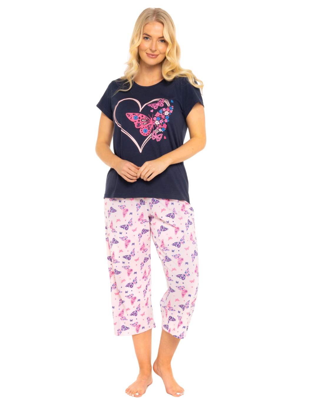 Navy Summer Heart Women's 100% Cotton Short Sleeved Cropped Leg Pyjamas