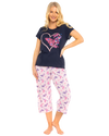 Navy Summer Heart Women's 100% Cotton Short Sleeved Cropped Leg Pyjamas