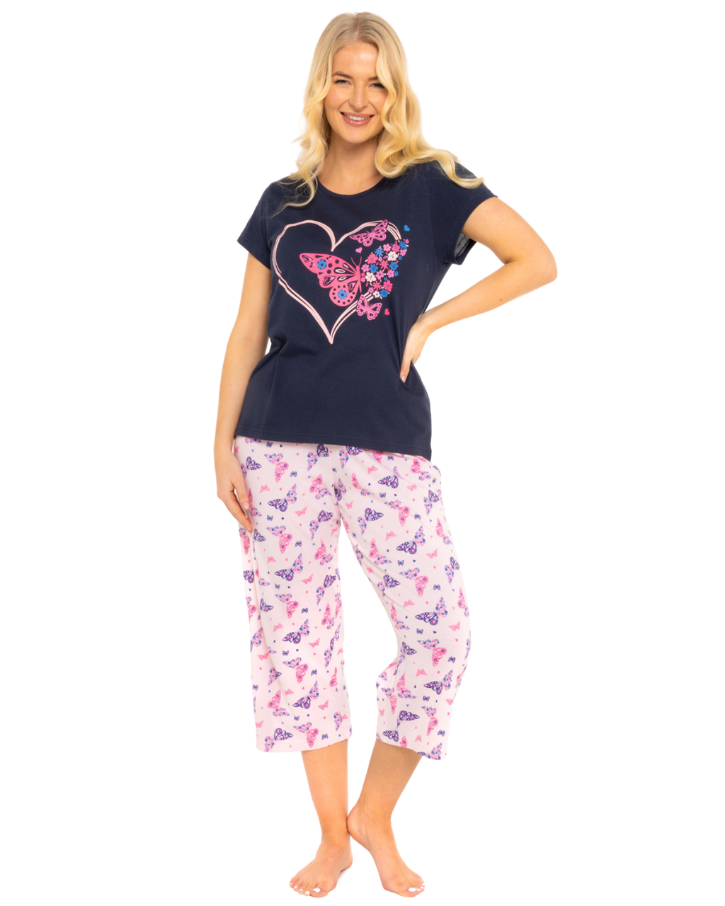 Navy Summer Heart Women's 100% Cotton Short Sleeve Cropped Leg Pyjamas ...
