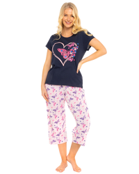 Navy Summer Heart Women's 100% Cotton Short Sleeved Cropped Leg Pyjamas