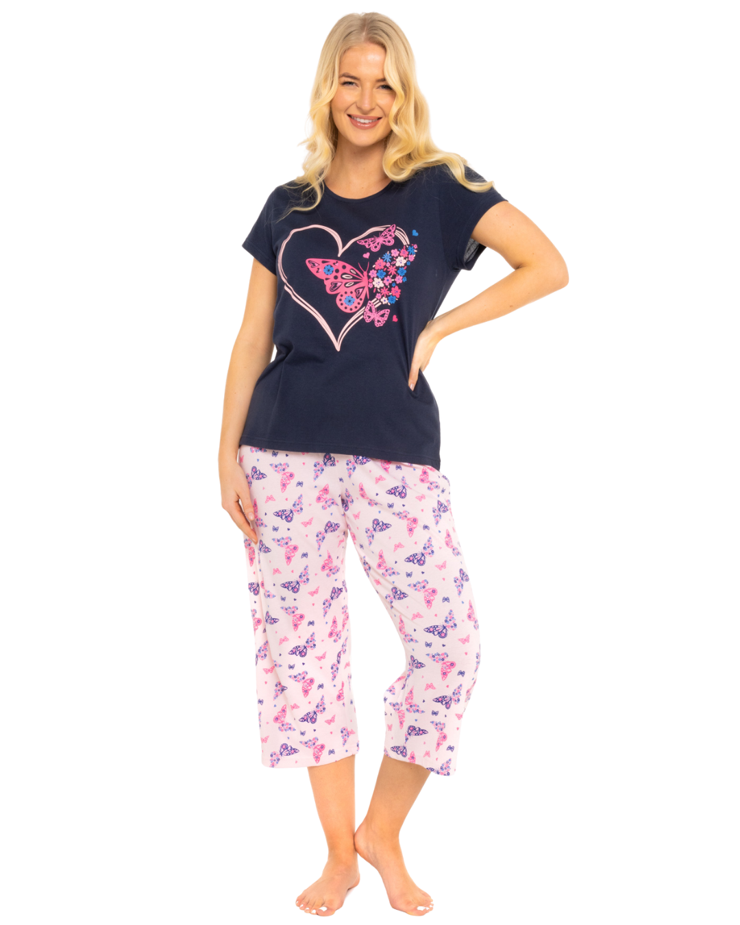 Navy Summer Heart Women's 100% Cotton Short Sleeved Cropped Leg Pyjamas