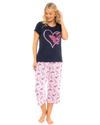 Navy Summer Heart Women's 100% Cotton Short Sleeved Cropped Leg Pyjamas