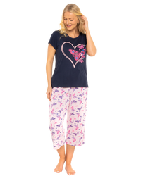 Navy Summer Heart Women's 100% Cotton Short Sleeved Cropped Leg Pyjamas